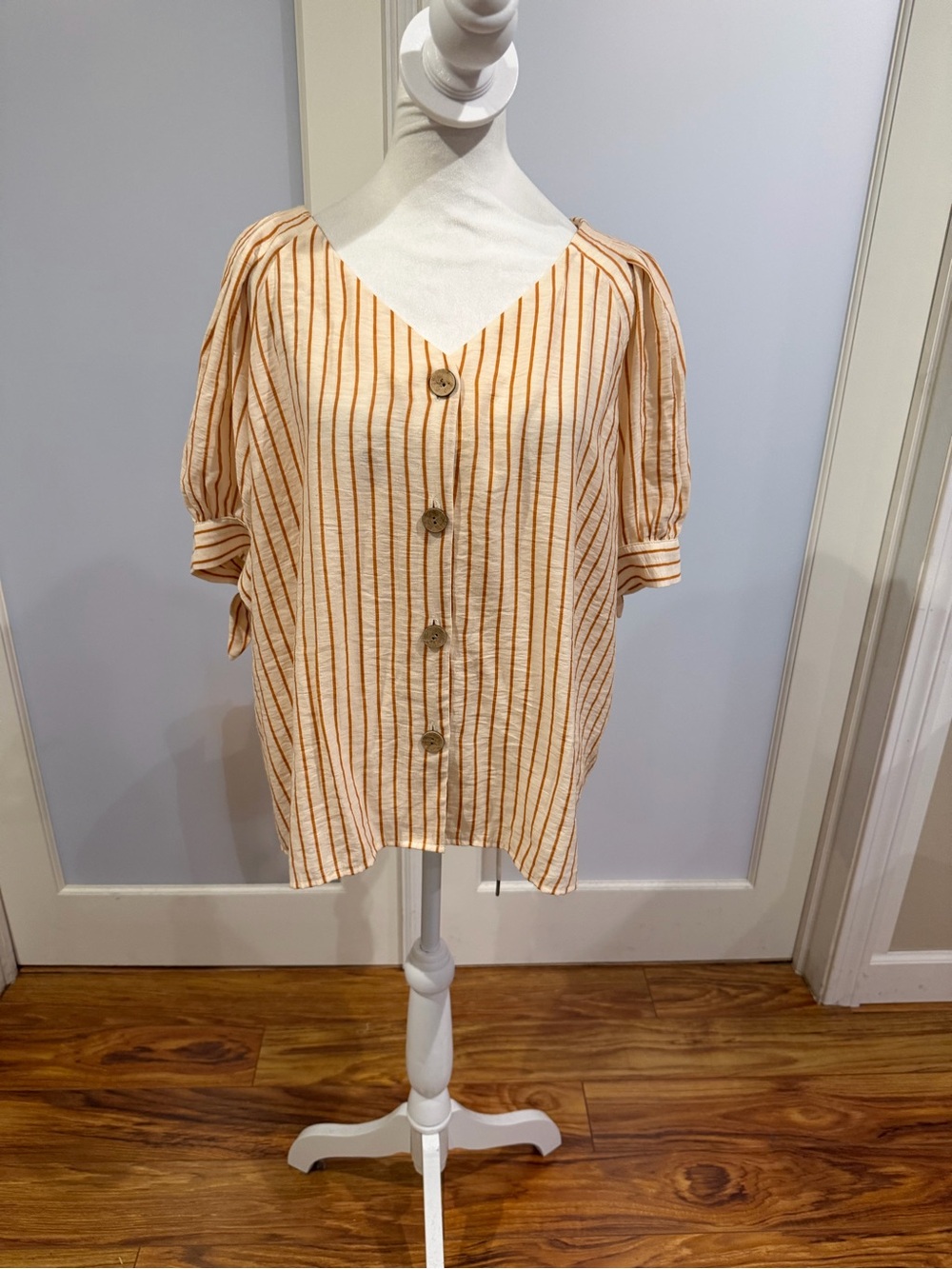 Striped V-Neck Button Front Blouse in Cream and Orange